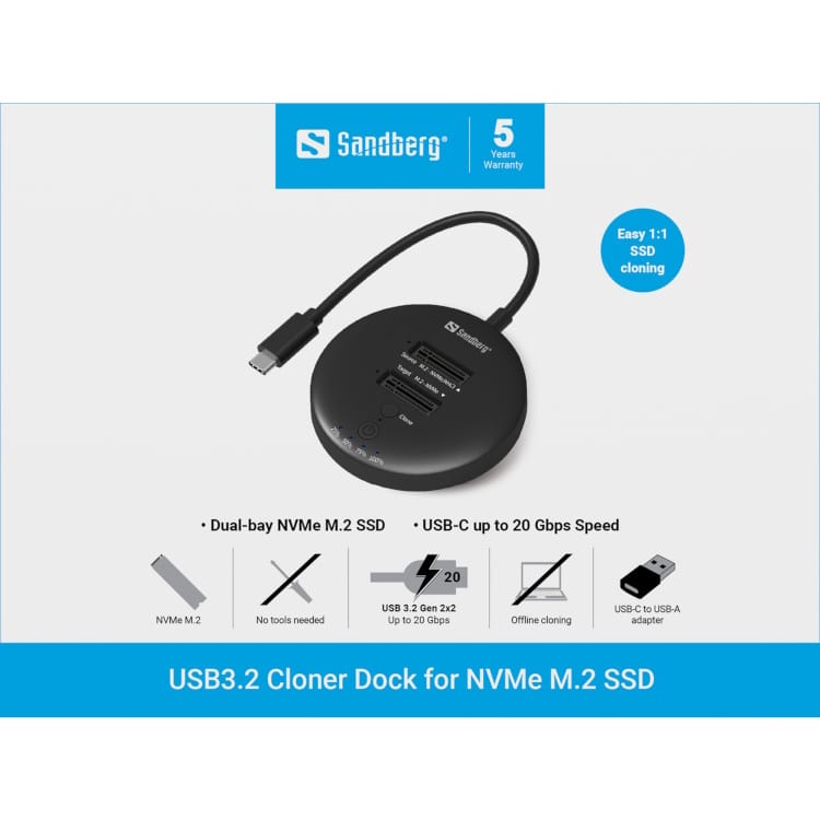 Sandberg USB3.2 Cloner Dock for NVMe M.2 SSD 4 Sandberg USB3.2 Cloner Dock for NVMe M.2 SSD 4
