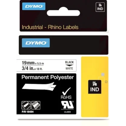 Tarrakasetti DYMO Rhino Poyesteri 19mm valkoinen/musta 2