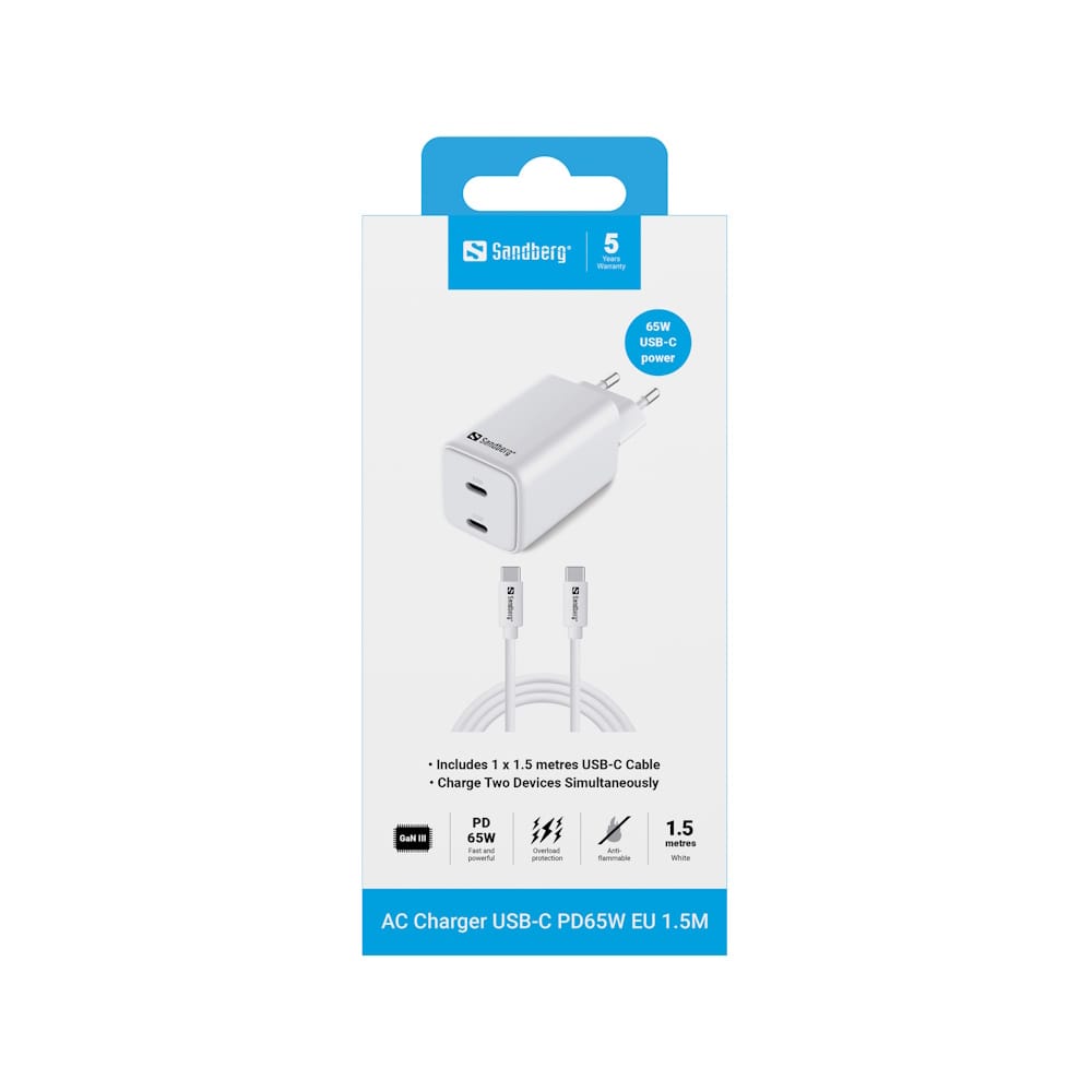 Sandberg AC Charger USB-C PD65W EU 1.5M 5 Sandberg AC Charger USB-C PD65W EU 1.5M 5