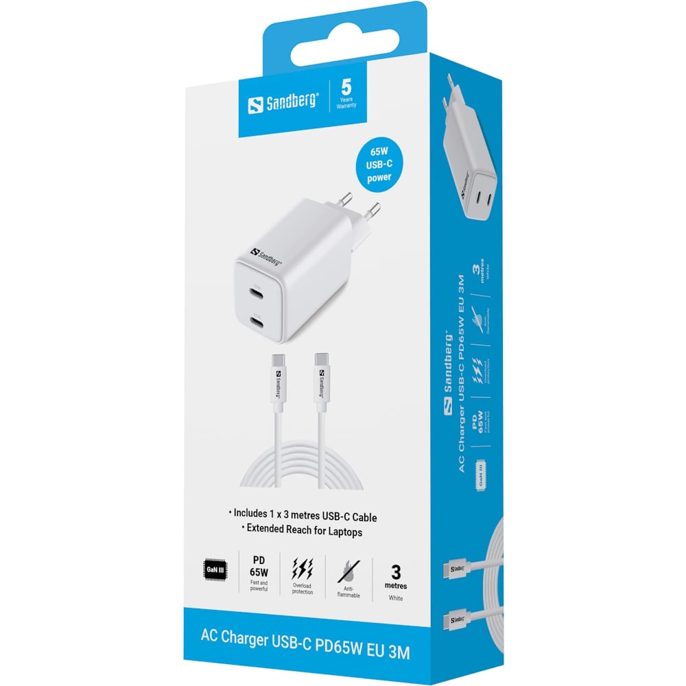 Sandberg AC Charger USB-C PD65W EU 3M 6 Sandberg AC Charger USB-C PD65W EU 3M 6