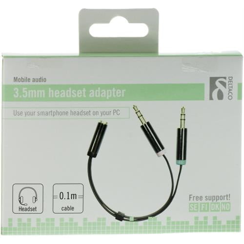DELTACO äänisovitin 3.5mm naaras – 2×3.5mm mikrofoni/stereo uros 3 DELTACO äänisovitin 3.5mm naaras – 2×3.5mm mikrofoni/stereo uros 3